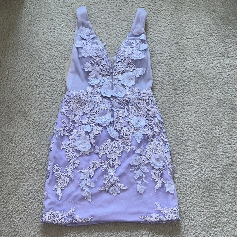 Kiss Prom Lilac Floral Dress with Plunge Neckline